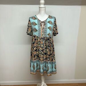 NWOT. Boho Floral Tiered Dress in Light Aqua and Navy. Medium